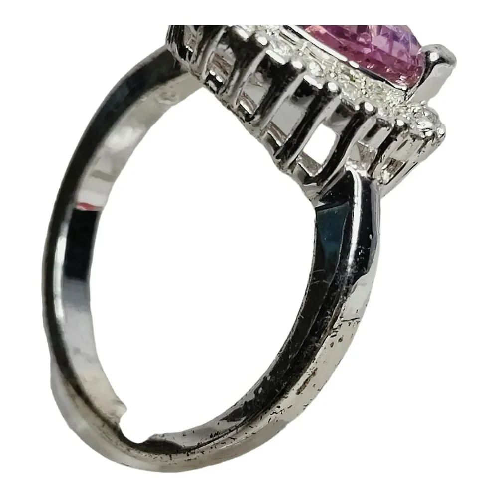 Silver Tone Ring Sz 8 Triangle Cushion‎ Cut CZ Pink Stone Clear CZ Halo Jewelry